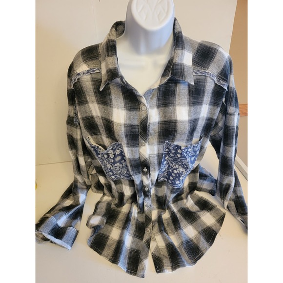 Bandana Plaid Women's long sleeve checker shirt Oversized Patchwork Checker - Picture 1 of 9
